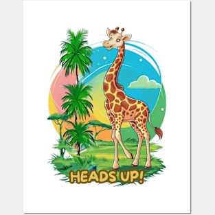 Cheerful giraffe 'Heads Up!' Posters and Art